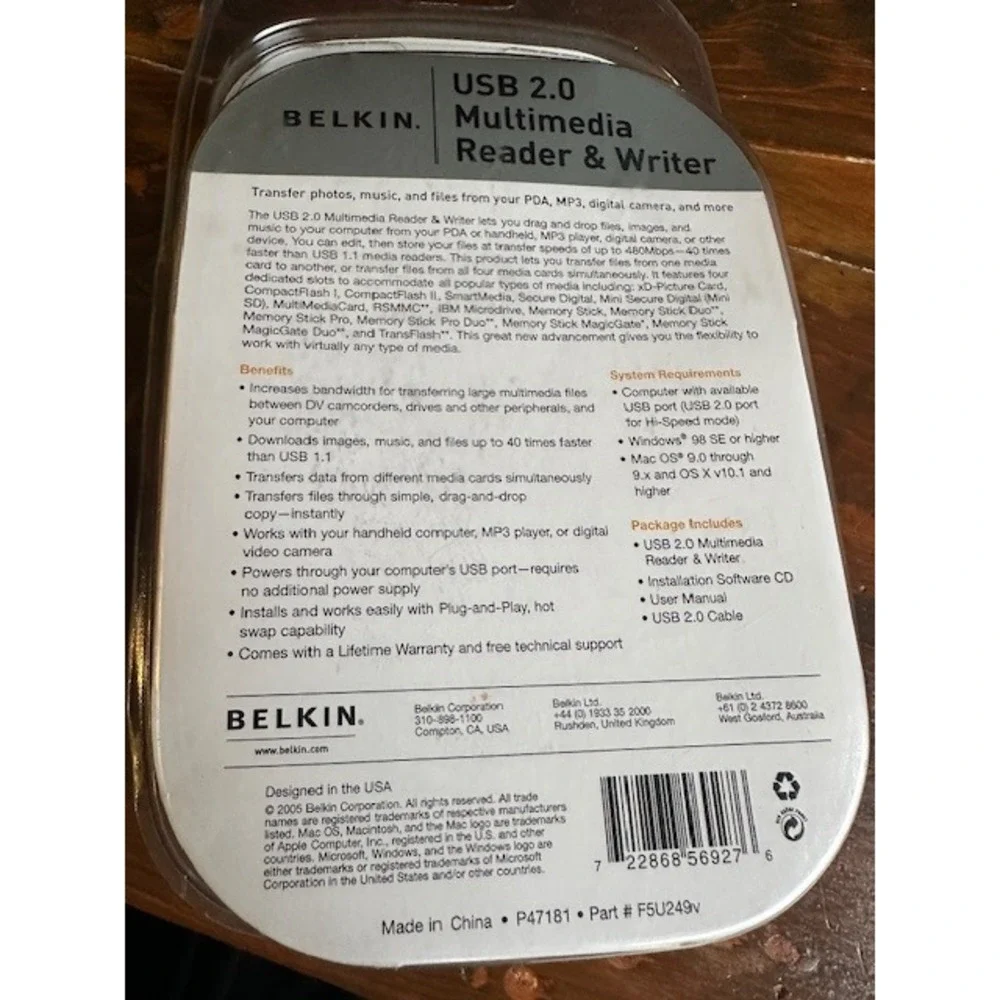 Belkin USB 2.0 Multimedia Reader Writer‎ F5U249v SD CF SmartMedia Memory Stick